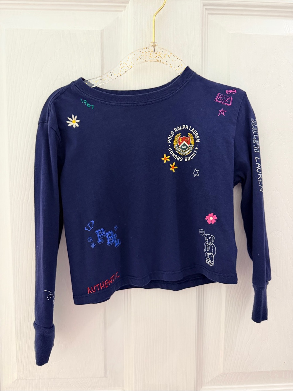 Polo Ralph Lauren Girls 3T Navy Embroidered Long Sleeve Graphic Shirt